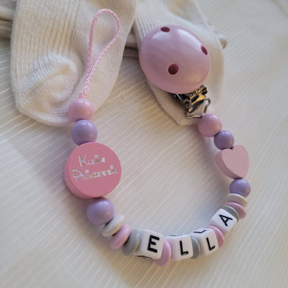 Schnullerkette mit Namen für Mädchen Herz & Kleine Prinzessin rosa weiß grau flieder