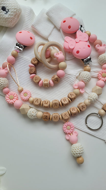4tlg Traumset Schnullerkette Kinderwagenkette  Greifring und Schlüsselanhänger Maus apricot