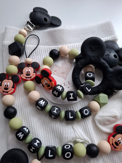 3er Set Schnullerkette Kinderwagenkette & Greifring mit Namen Maus schwarz grün beige