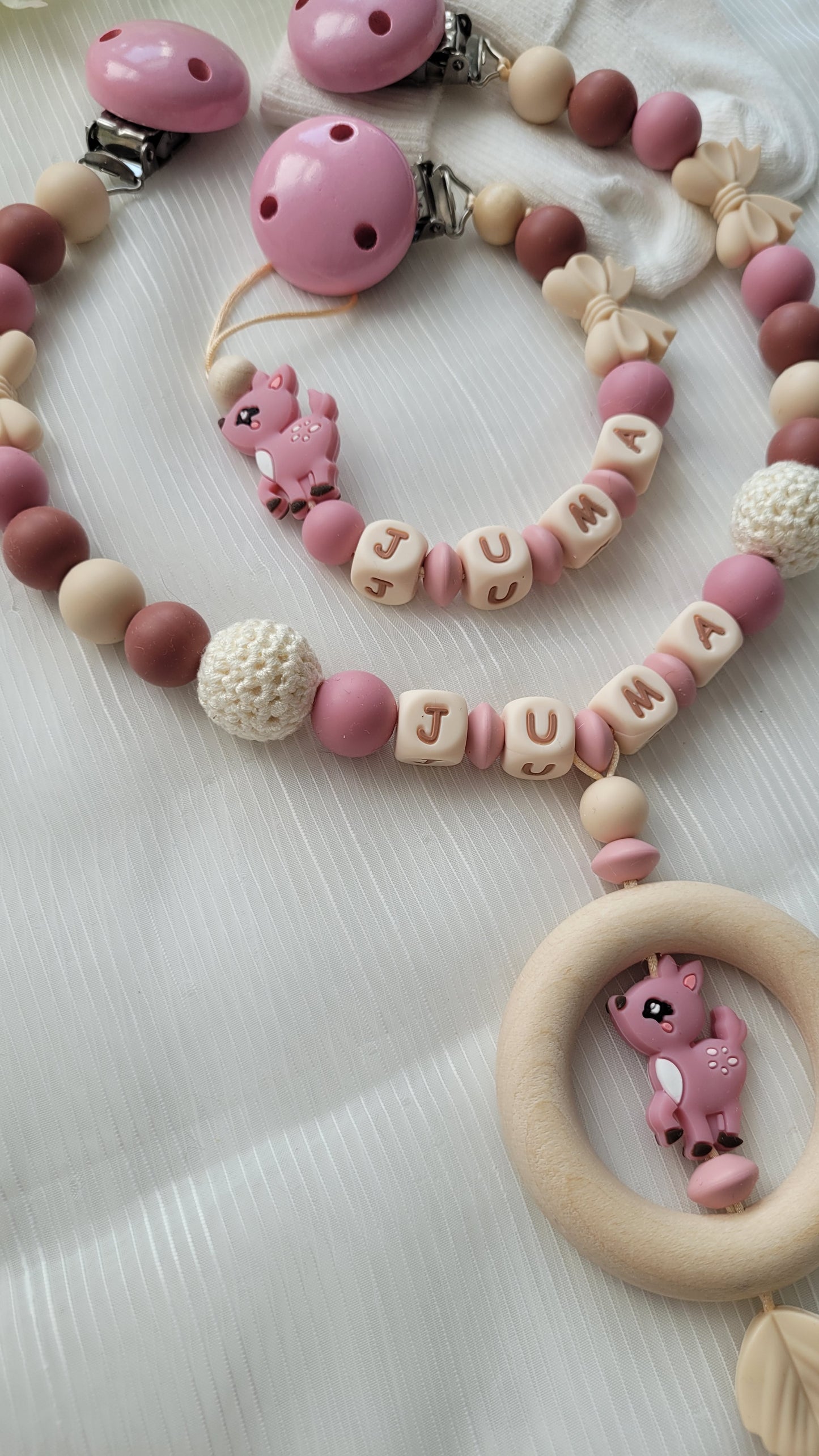 Kinderwagenkette & Schnullerkette mit Namen Rehe altrosa beige braun