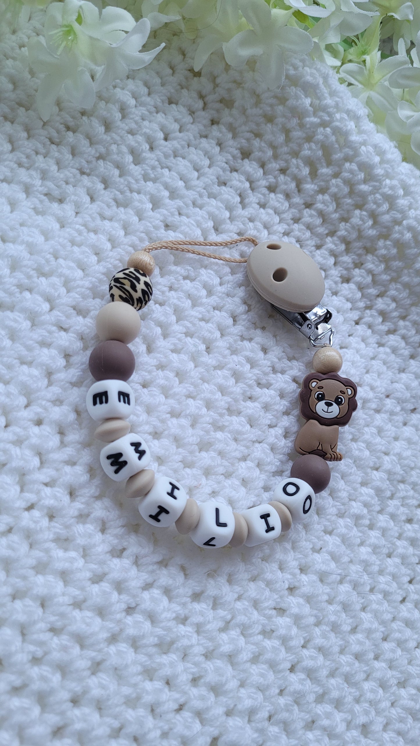 Kinderwagenkette & Schnullerkette Set Baby Löwe beige braun leo