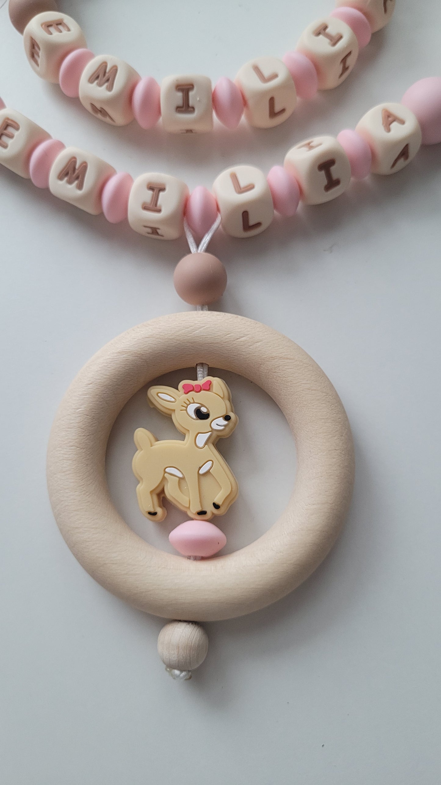 Kinderwagenkette & Schnullerkette mit Namen Schmetterling Reh altrose taupe