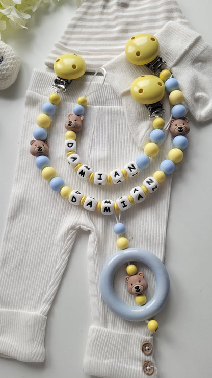 3er Set Schnullerkette Kinderwagenkette & Greifring mit Namen Bärchen gelb blau