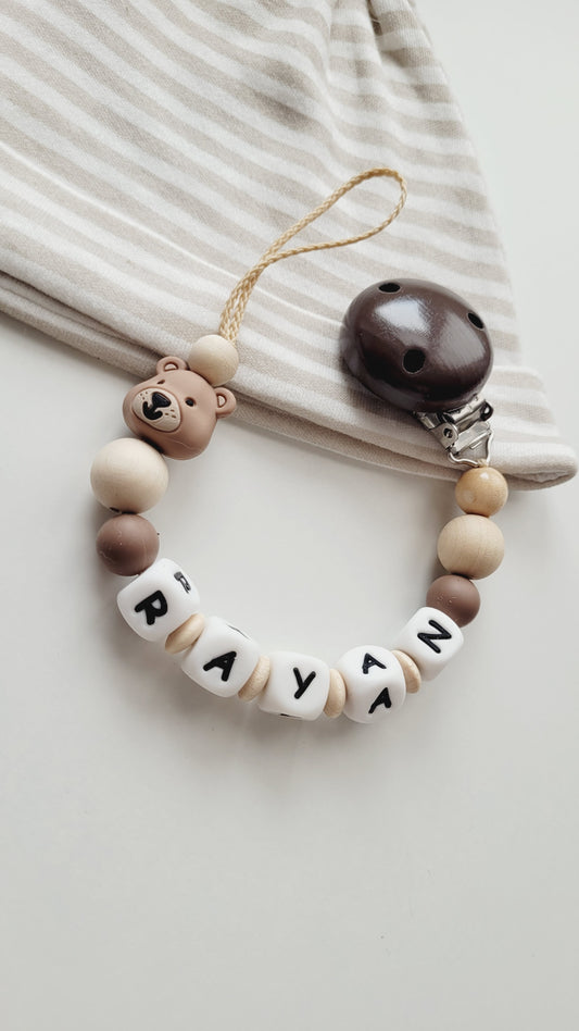 Schnullerkette mit Namen für Jungen Teddy braun beige holz