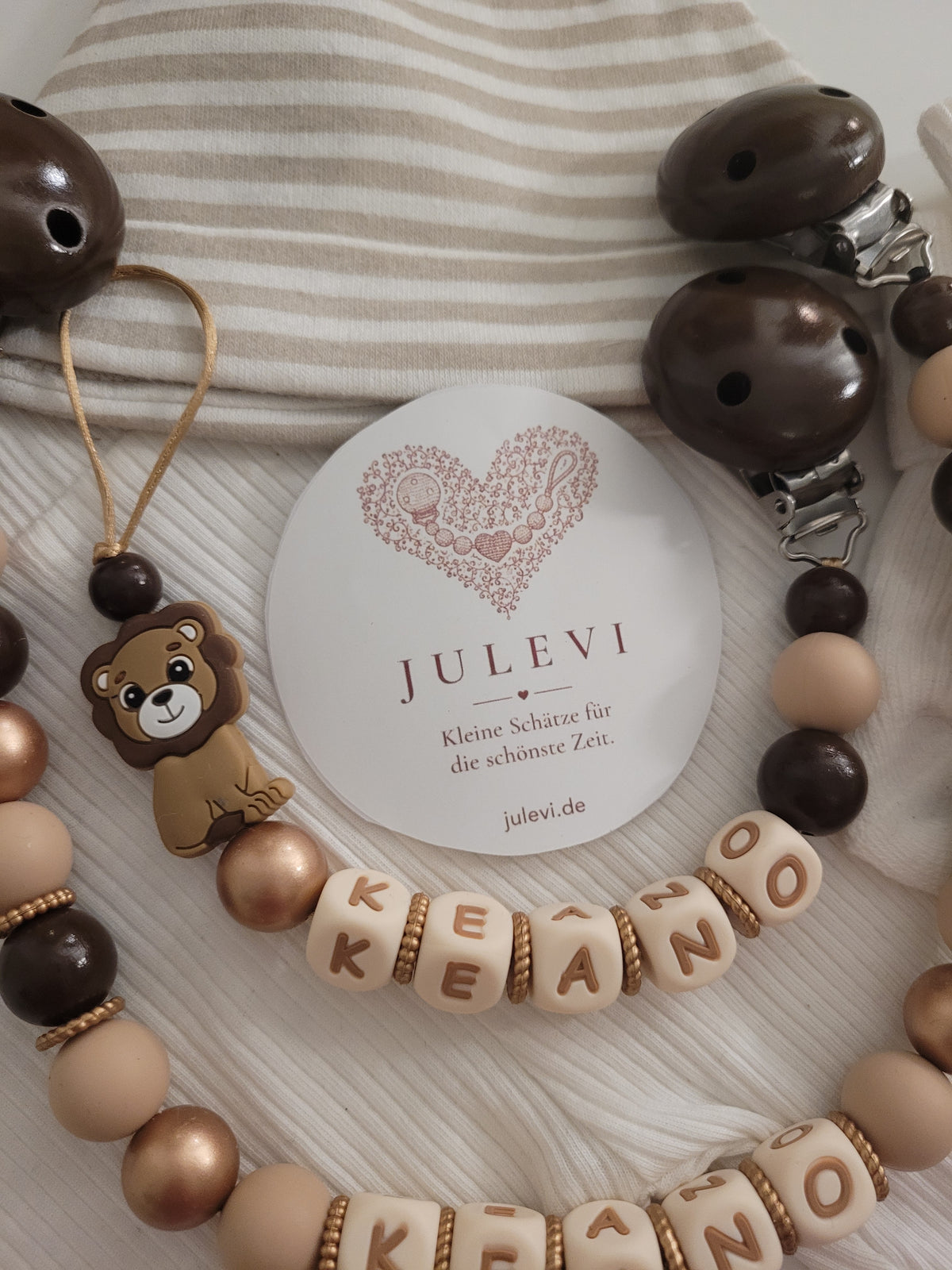 Kinderwagenkette & Schnullerkette Set mit Namen Löwe gold braun | personalisiert