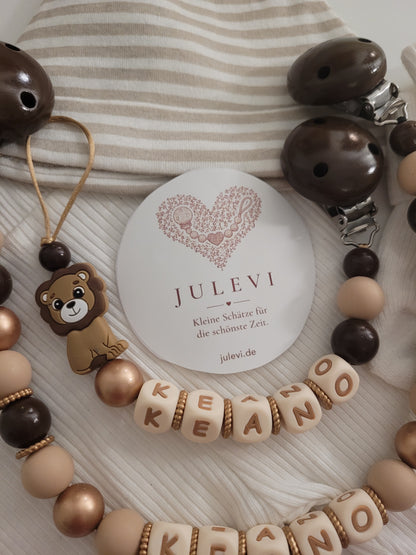 Kinderwagenkette & Schnullerkette Set mit Namen Löwe gold braun | personalisiert