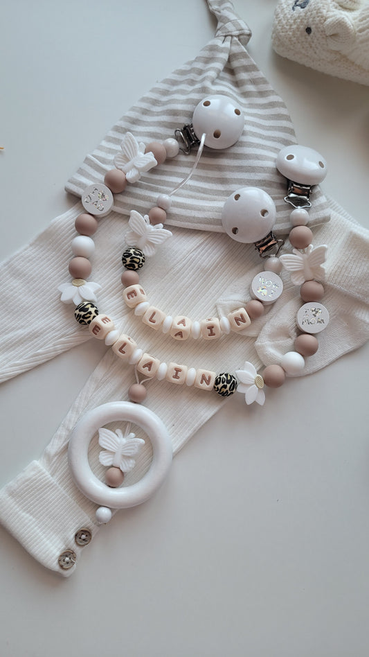 Kinderwagenkette & Schnullerkette mit Namen  Schmetterling taupe weiß