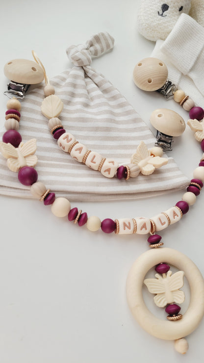 Kinderwagenkette & Schnullerkette mit Namen Schmetterling & Blatt bordaux beige braun