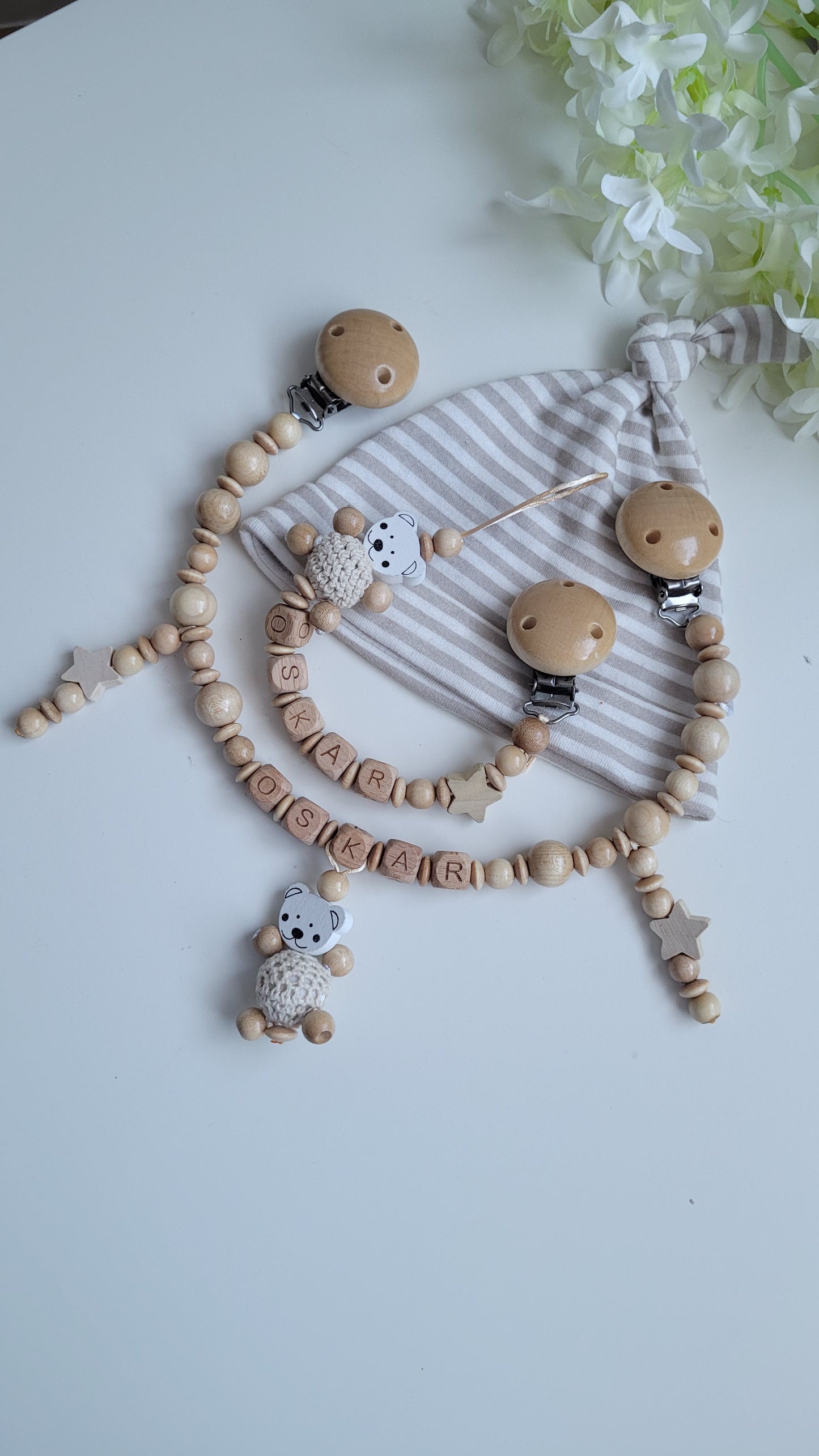 Kinderwagenkette & Schnullerkette mit Namen Bärchen holz