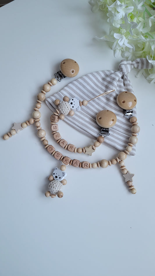 Kinderwagenkette & Schnullerkette mit Namen Bärchen holz