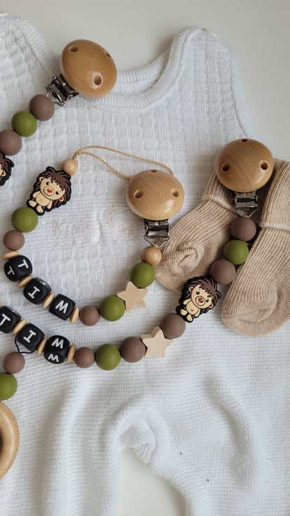 Kinderwagenkette & Schnullerkette mit Namen Igel grün holz braun