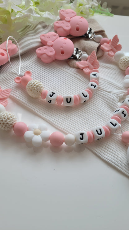 Kinderwagenkette & Schnullerkette mit Namen Schmetterling Maus & Blume rosa