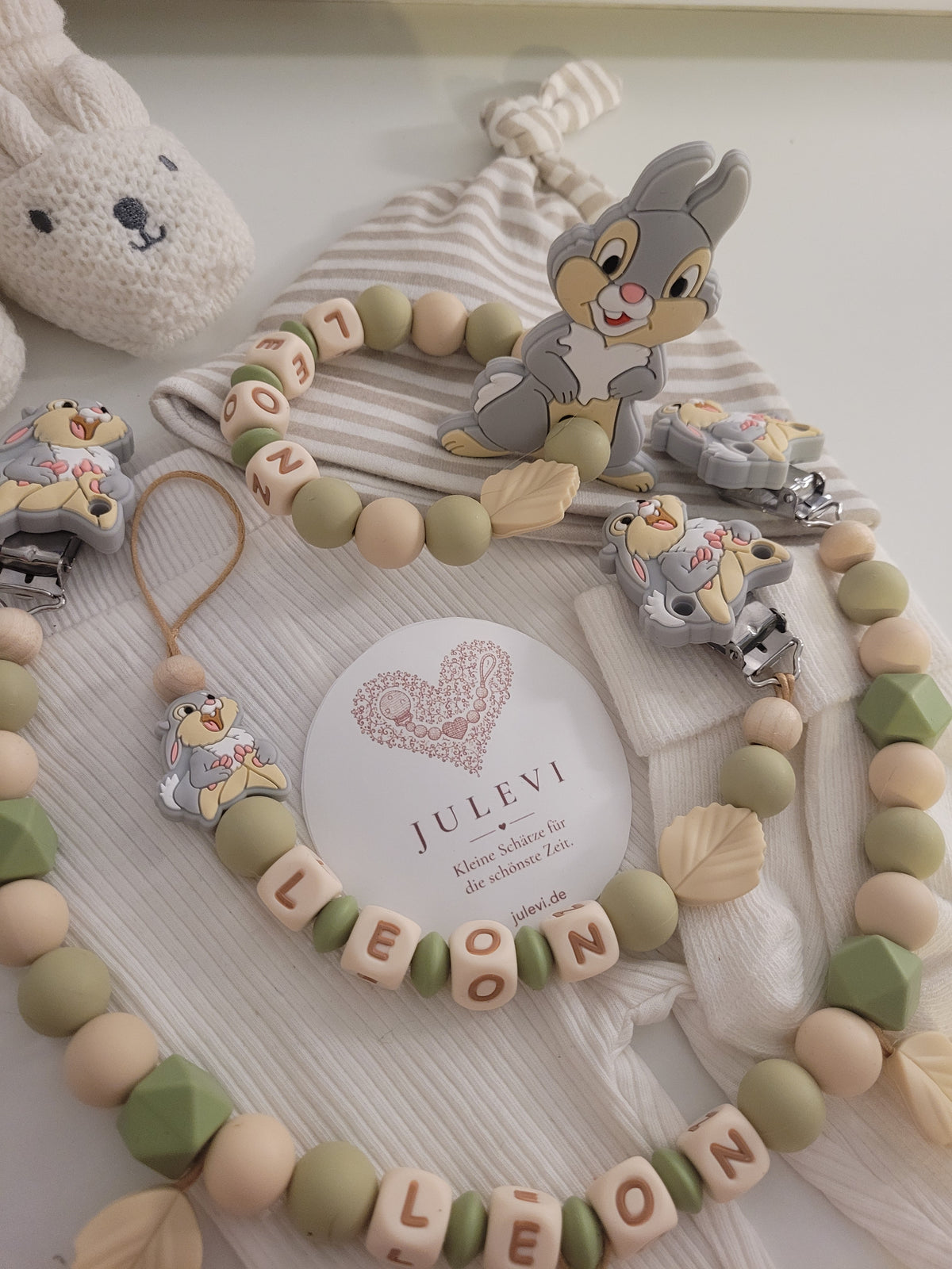3er Set Schnullerkette Kinderwagenkette & Greifring mit Namen Hase Grün Beige