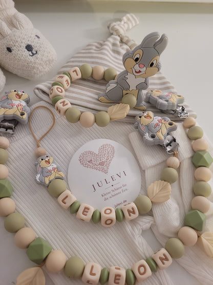 3er Set Schnullerkette Kinderwagenkette & Greifring mit Namen Hase Grün Beige