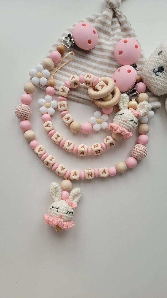 3er Set Schnullerkette Kinderwagenkette & Greifring für Mädchen Hase rose holz