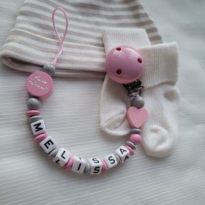 Schnullerkette mit Namen für Mädchen Herz & Kleine Prinzessin rosa grau