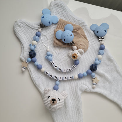 Kinderwagenkette & Schnullerkette mit Namen Teddy und Maus weiss blau