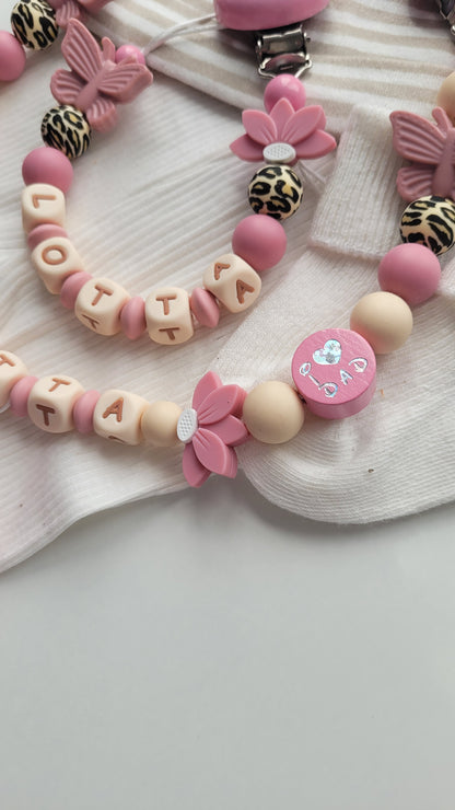 3er Set Schnullerkette Kinderwagenkette & Beissring mit Namen  Blumen &Schmetterlinge beige altrosa