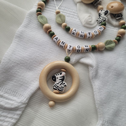 Kinderwagenkette & Schnullerkette Set Baby Zebra holz Salbei grün