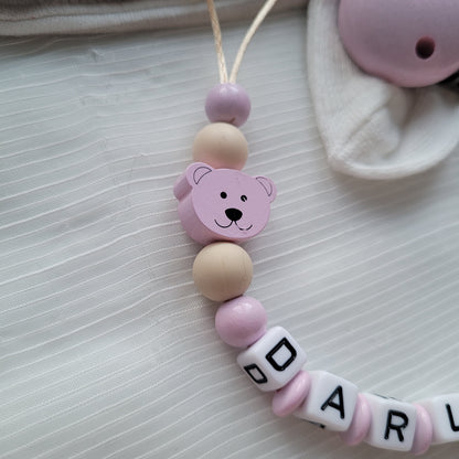 Schnullerkette mit Namen für Mädchen Herz & Teddy rosa beige