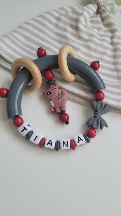 3tlg.Set Schnullerkette Kinderwagenkette & Greifring mit Namen Reh bordaux grau