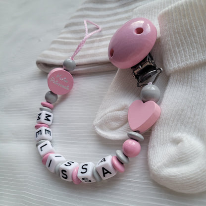 Schnullerkette mit Namen für Mädchen Herz & Kleine Prinzessin rosa grau