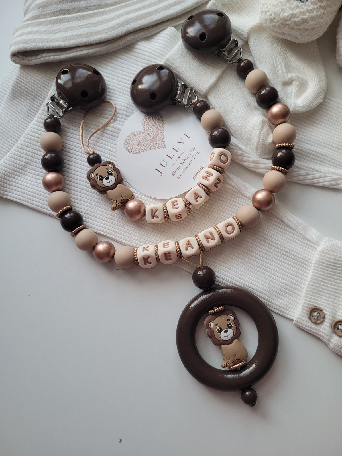 Kinderwagenkette & Schnullerkette Set mit Namen Löwe gold braun | personalisiert