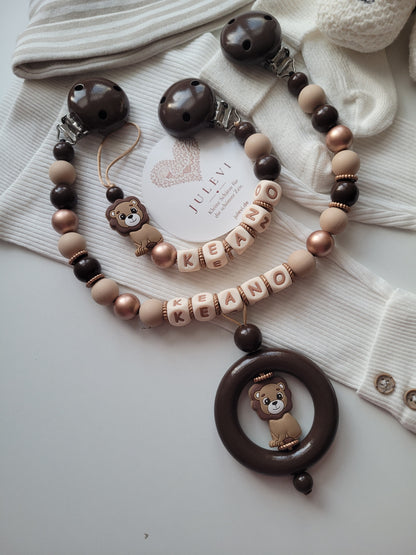 Kinderwagenkette & Schnullerkette Set mit Namen Löwe gold braun | personalisiert
