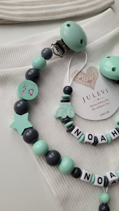 Kinderwagenkette & Schnullerkette Set mit Namen Traktor mint grau| personalisiert
