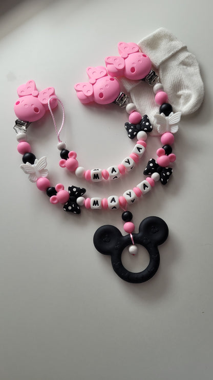 Kinderwagenkette & Schnullerkette mit Namen für Mädchen Maus & Schmetterling pink schwarz
