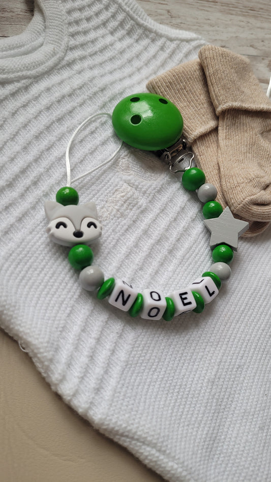 Schnullerkette mit Namen Fuchs grün grau