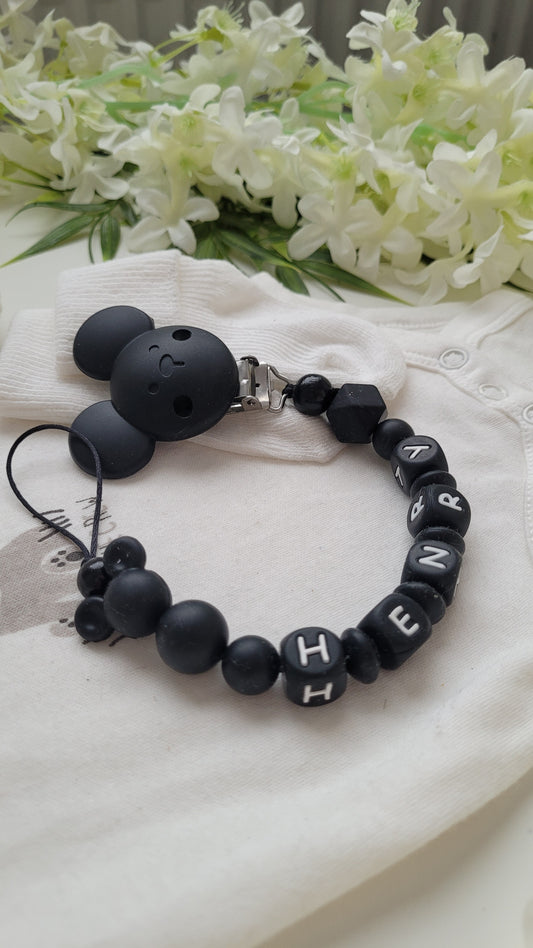 Schnullerkette mit Namen für Jungen Black Maus Silikonperlen