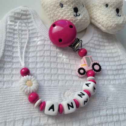 Schnullerkette mit Namen für Mädchen Traktor & Blume
