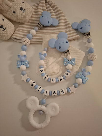 3er-Set Schnullerkette Kinderwagenkette & Greifring mit Namen Maus weiss hellblau