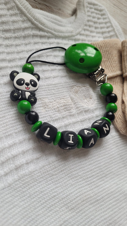 Schnullerkette mit Namen Panda grün schwarz