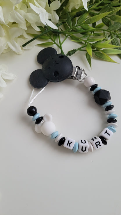 Schnullerkette für Jungen * Mickey Maus* hellblau schwarz weiß