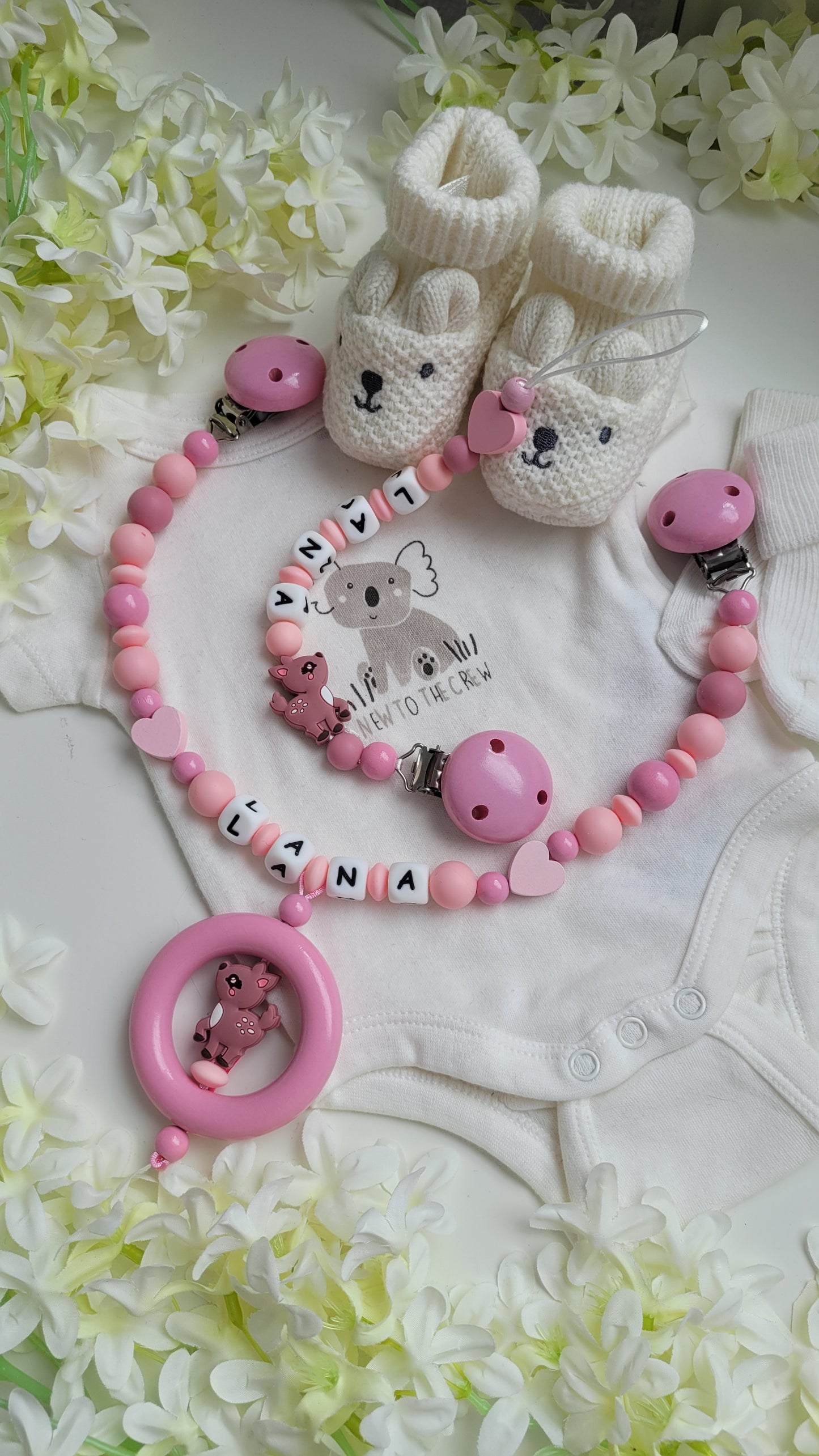 Kinderwagenkette & Schnullerkette mit Namen  Rehkitz peach rosa