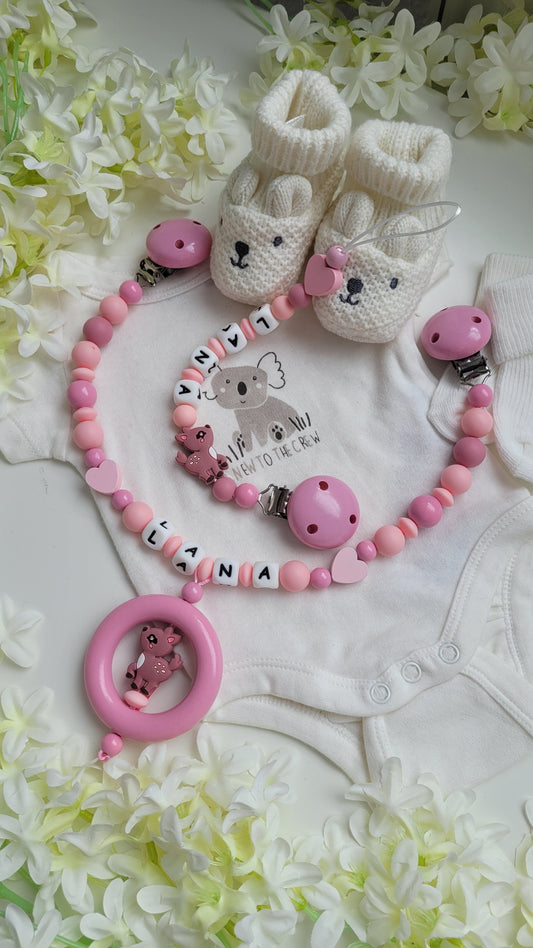 Kinderwagenkette & Schnullerkette mit Namen  Rehkitz peach rosa