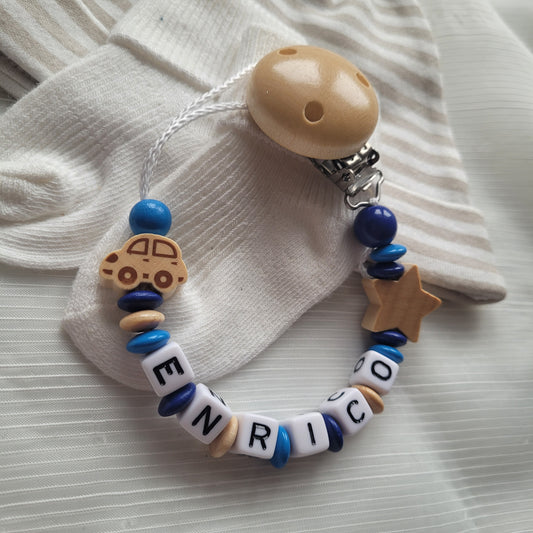 Schnullerkette mit Namen für Jungen Auto & Stern blau