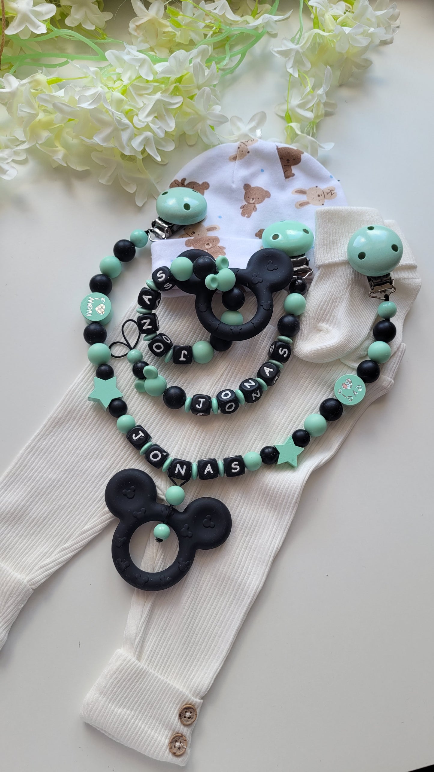 3er Set Schnullerkette, Kinderwagenkette & Greifring mit Namen Maus | mint türkis | JULEVI
