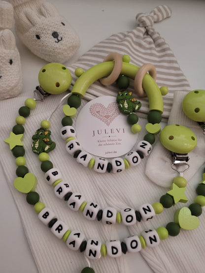 3er Set Schnullerkette, Kinderwagenkette & Beißring mit Namen Drache dunkelgrün hellgrün