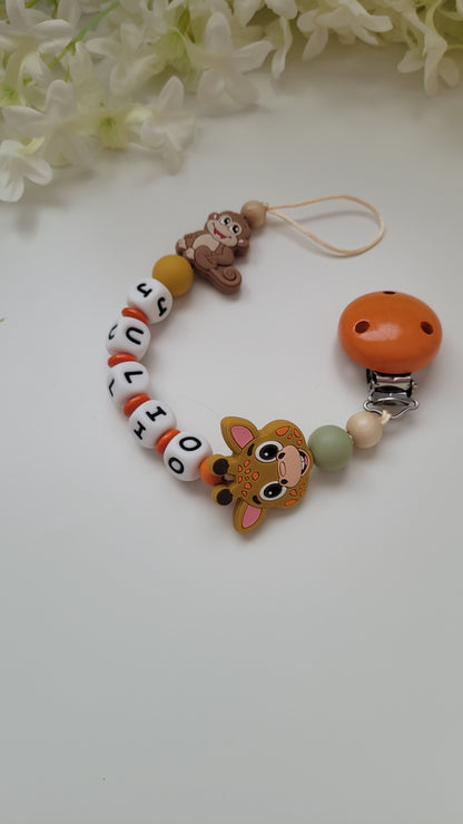 Kinderwagenkette & Schnullerkette Silikon *Zoo* orange grün Spielring