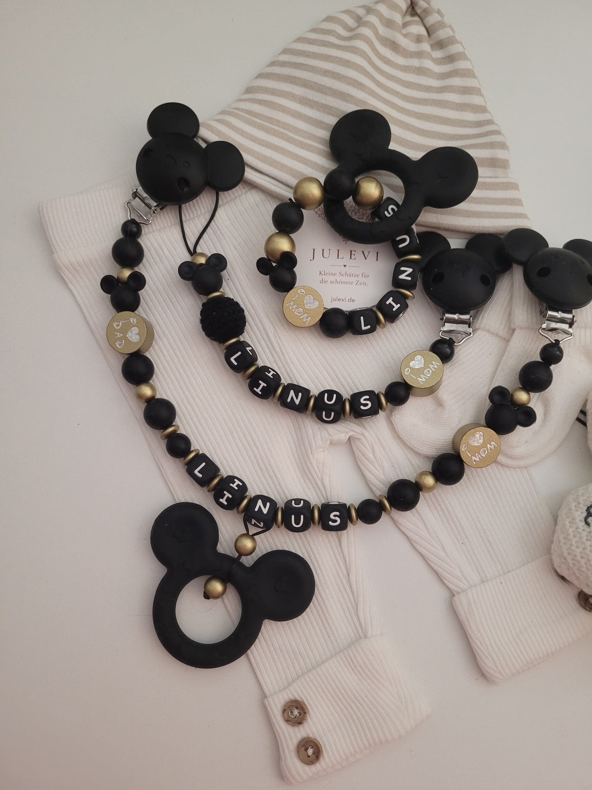3er Set Schnullerkette, Kinderwagenkette & Beißring mit Namen Maus schwarz gold
