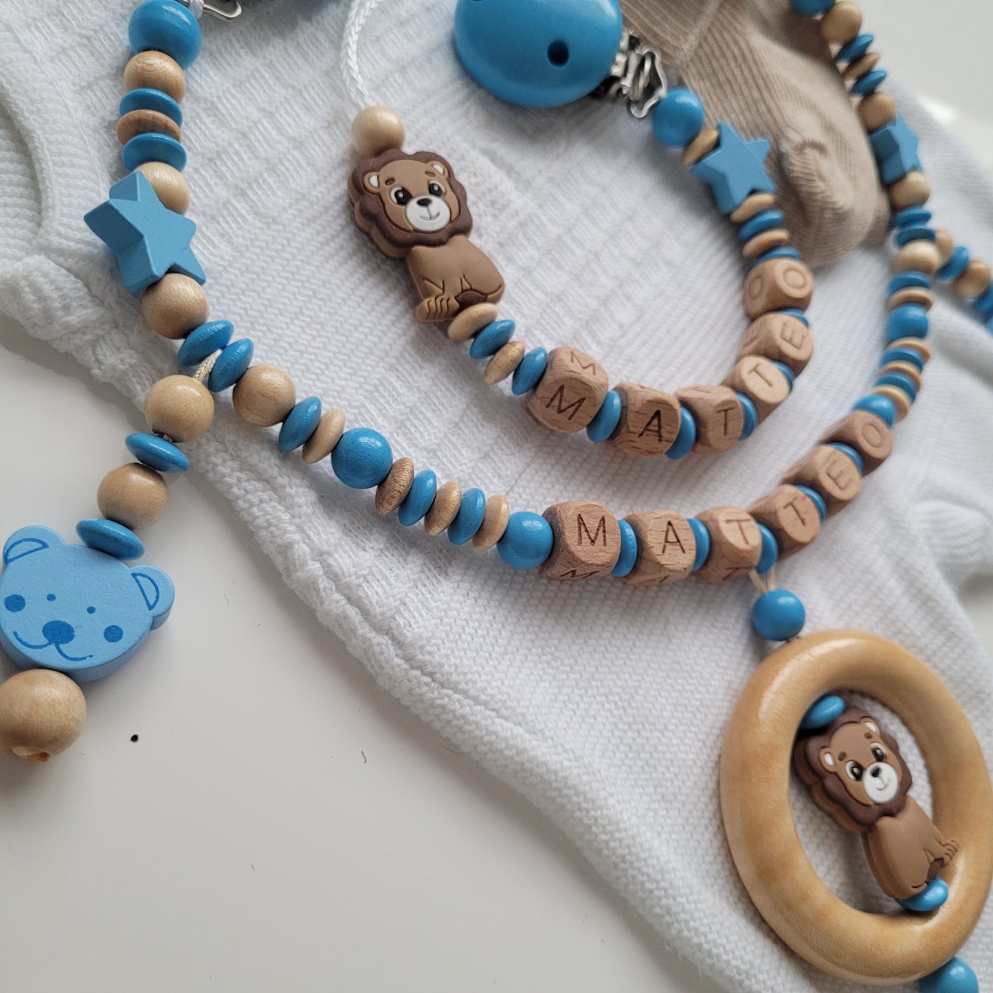 Kinderwagenkette & Schnullerkette Set Baby Löwe Teddy  blau