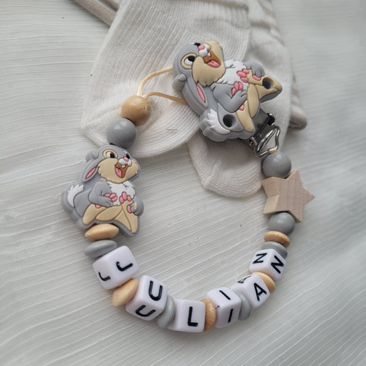 Schnullerkette für Jungen  Hase grau holz