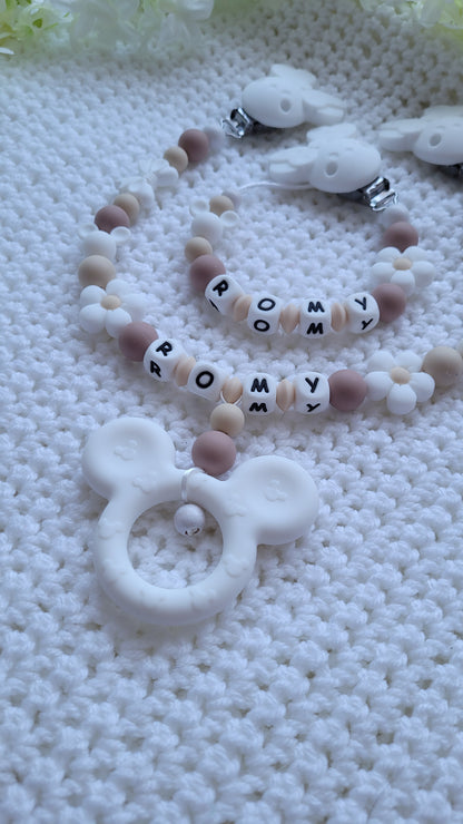 Kinderwagenkette & Schnullerkette *Minnie Prinzessin* beige weiss