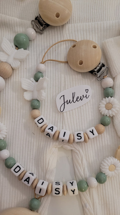 Kinderwagenkette & Schnullerkette mit Namen für Mädchen Gänseblümchen