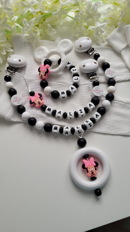 Komplett Set 3tlg Schnullerkette Kinderwagenkette Greifring mit Namen Minnie Maus schwarz weiß
