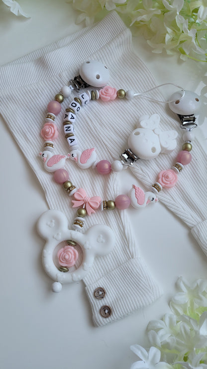 Kinderwagenkette & Schnullerkette *Schwan Prinzessin* rose apricot gold