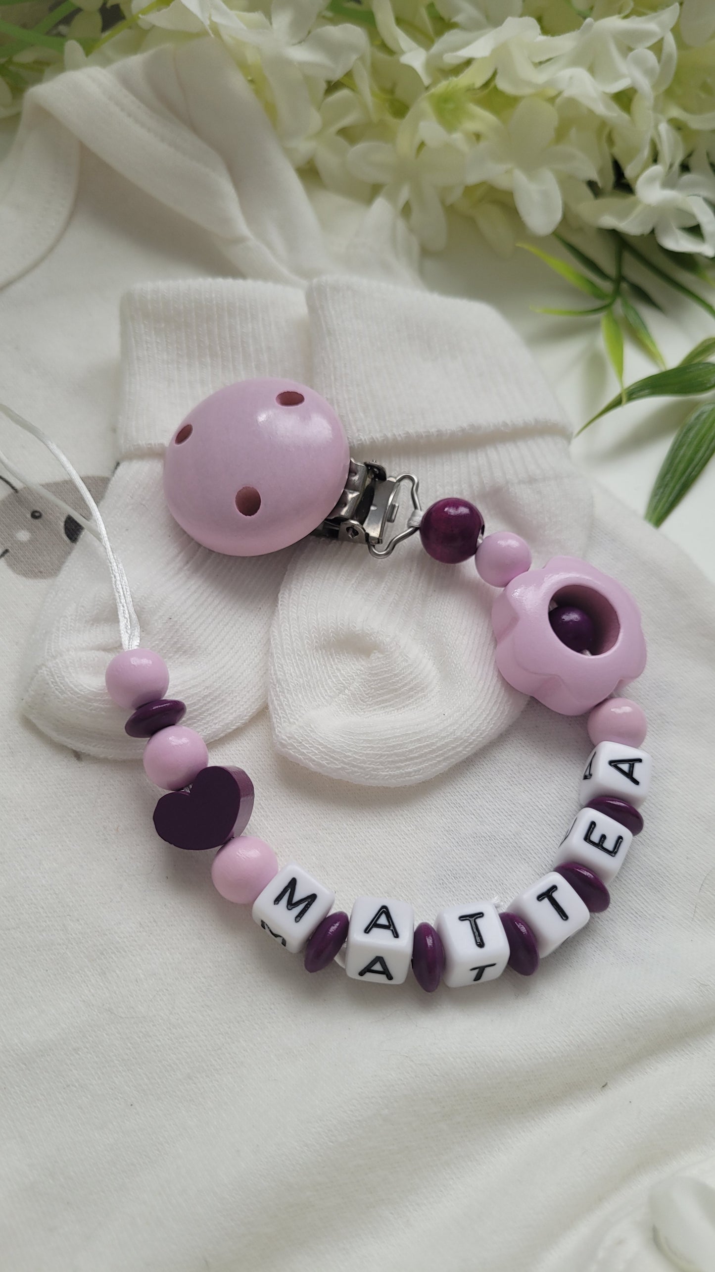 Schnullerkette mit Namen für Mädchen Blume Herz